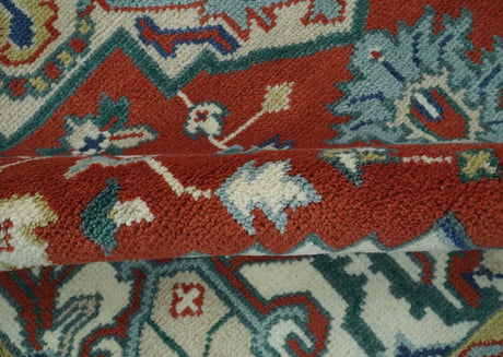Custom Made Traditional Rust, Ivory and Blue Heriz Medallion Wool Area Rug