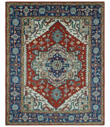 Custom Made Traditional Rust, Ivory and Blue Heriz Medallion Wool Area Rug
