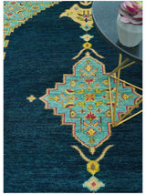 Custom Made Traditional Serapi Design Blue And Mustard Hand Knotted Wool Rug