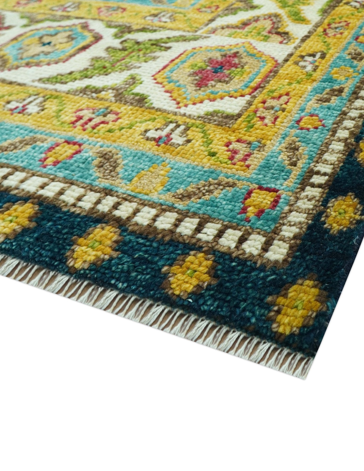 Custom Made Traditional Serapi Design Blue And Mustard Hand Knotted Wool Rug