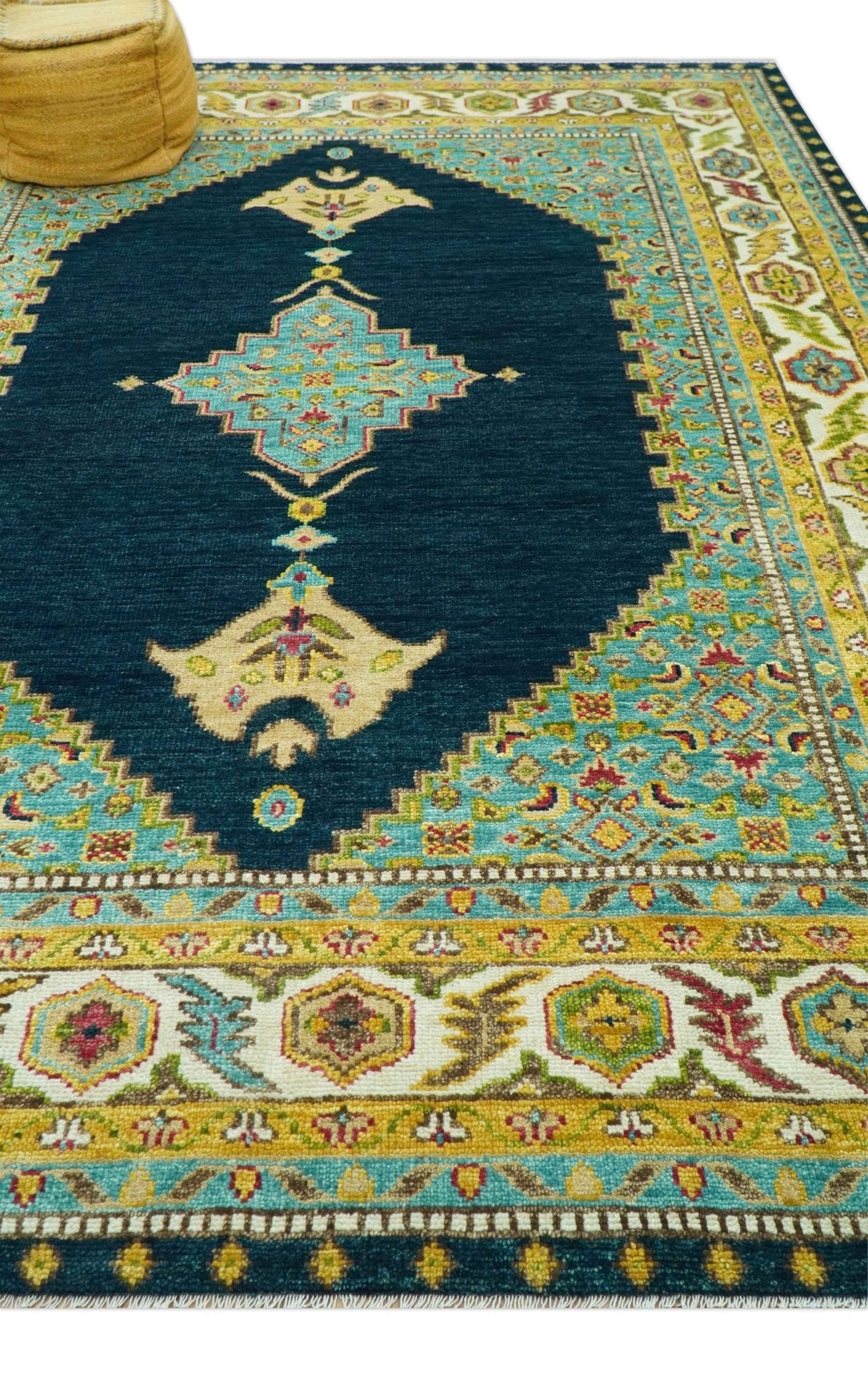 Custom Made Traditional Serapi Design Blue And Mustard Hand Knotted Wool Rug