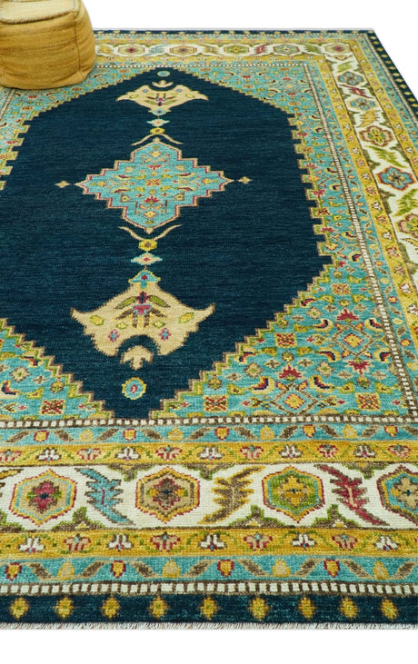 Custom Made Traditional Serapi Design Blue And Mustard Hand Knotted Wool Rug