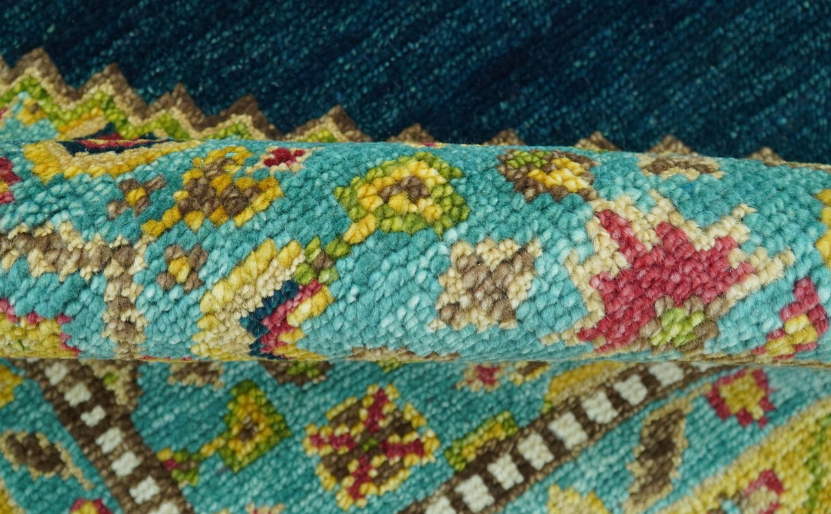 Custom Made Traditional Serapi Design Blue And Mustard Hand Knotted Wool Rug