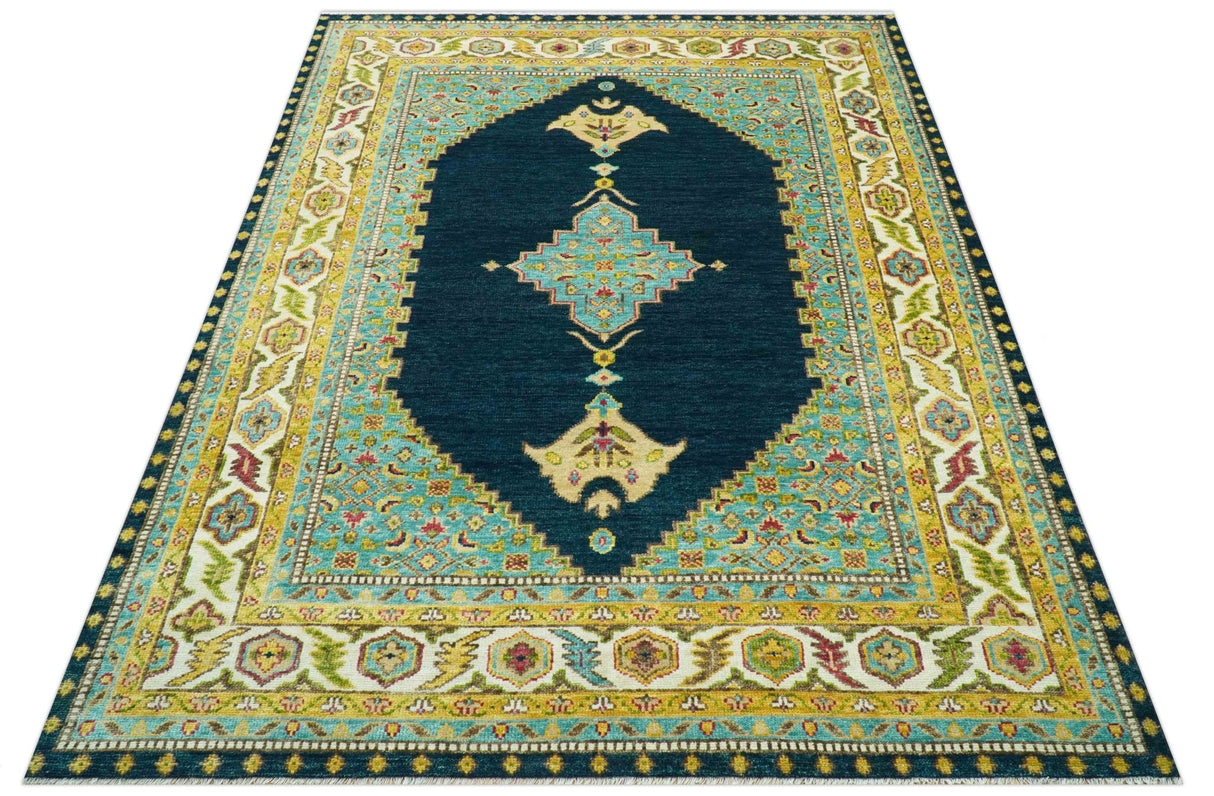 Custom Made Traditional Serapi Design Blue And Mustard Hand Knotted Wool Rug