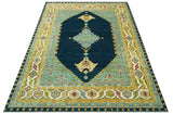Custom Made Traditional Serapi Design Blue And Mustard Hand Knotted Wool Rug