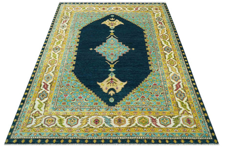 Custom Made Traditional Serapi Design Blue And Mustard Hand Knotted Wool Rug