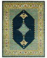Custom Made Traditional Serapi Design Blue And Mustard Hand Knotted Wool Rug