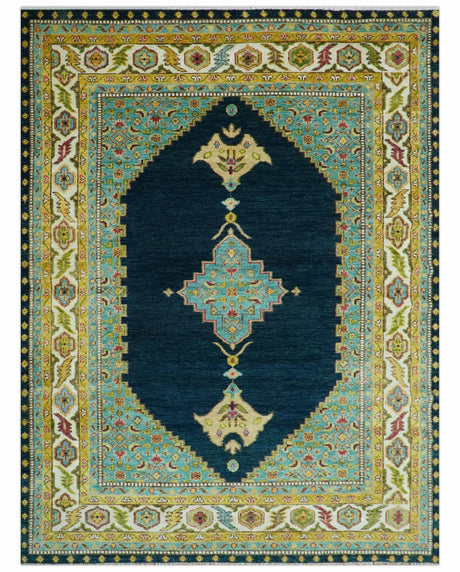 Custom Made Traditional Serapi Design Blue And Mustard Hand Knotted Wool Rug