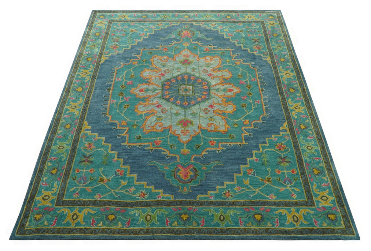 Custom Made Traditional Serapi Design Blue And Yellow Hand Tufted Wool Rug