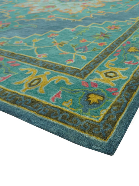 Custom Made Traditional Serapi Design Blue And Yellow Hand Tufted Wool Rug