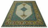 Custom Made Traditional Serapi Design Ivory And Blue Hand Knotted Wool Rug