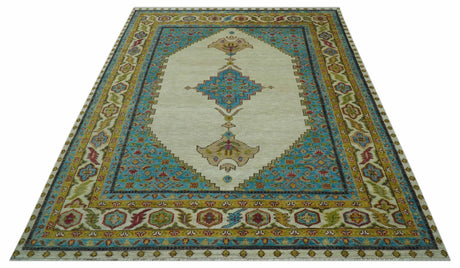 Custom Made Traditional Serapi Design Ivory And Blue Hand Knotted Wool Rug