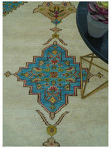 Custom Made Traditional Serapi Design Ivory And Blue Hand Knotted Wool Rug