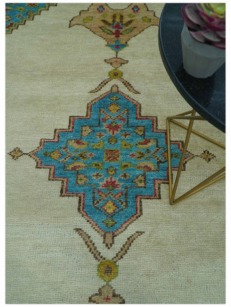 Custom Made Traditional Serapi Design Ivory And Blue Hand Knotted Wool Rug