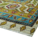 Custom Made Traditional Serapi Design Ivory And Blue Hand Knotted Wool Rug