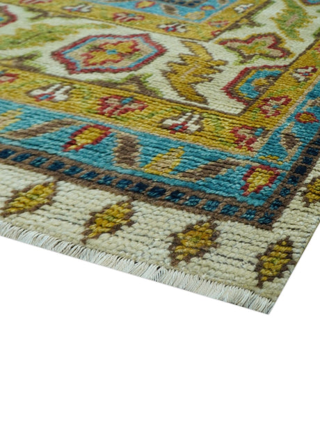 Custom Made Traditional Serapi Design Ivory And Blue Hand Knotted Wool Rug