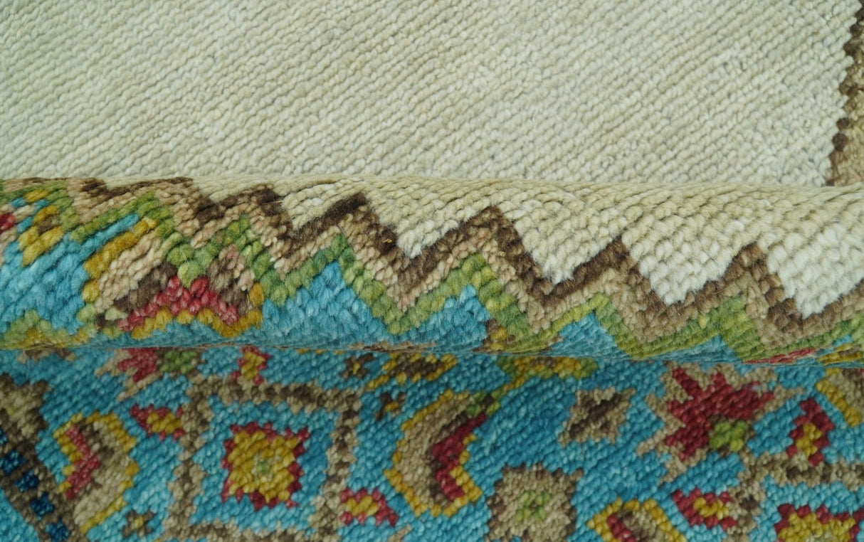 Custom Made Traditional Serapi Design Ivory And Blue Hand Knotted Wool Rug