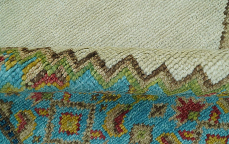 Custom Made Traditional Serapi Design Ivory And Blue Hand Knotted Wool Rug