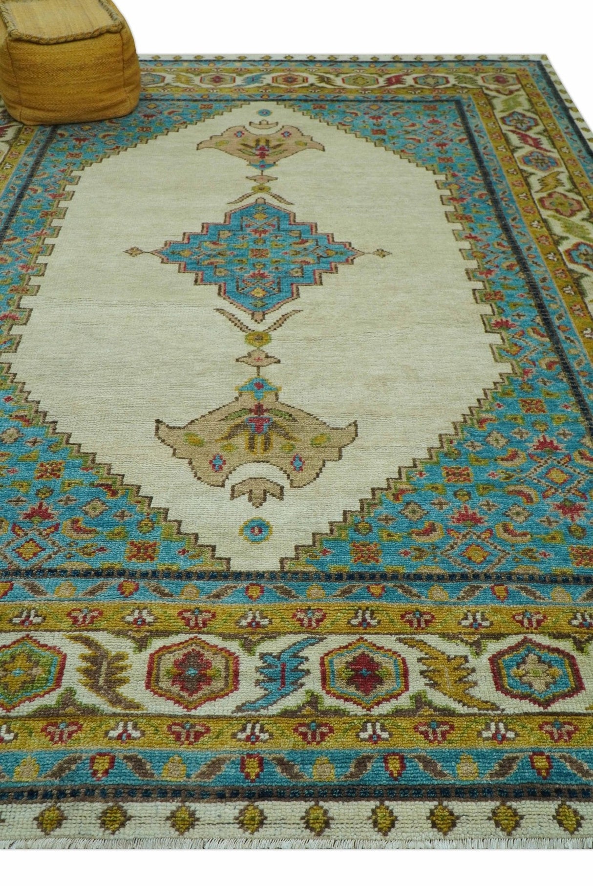 Custom Made Traditional Serapi Design Ivory And Blue Hand Knotted Wool Rug
