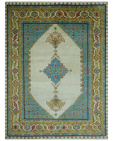 Custom Made Traditional Serapi Design Ivory And Blue Hand Knotted Wool Rug