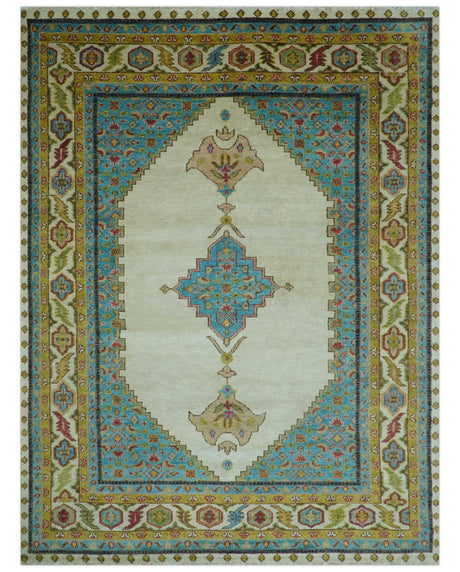Custom Made Traditional Serapi Design Ivory And Blue Hand Knotted Wool Rug