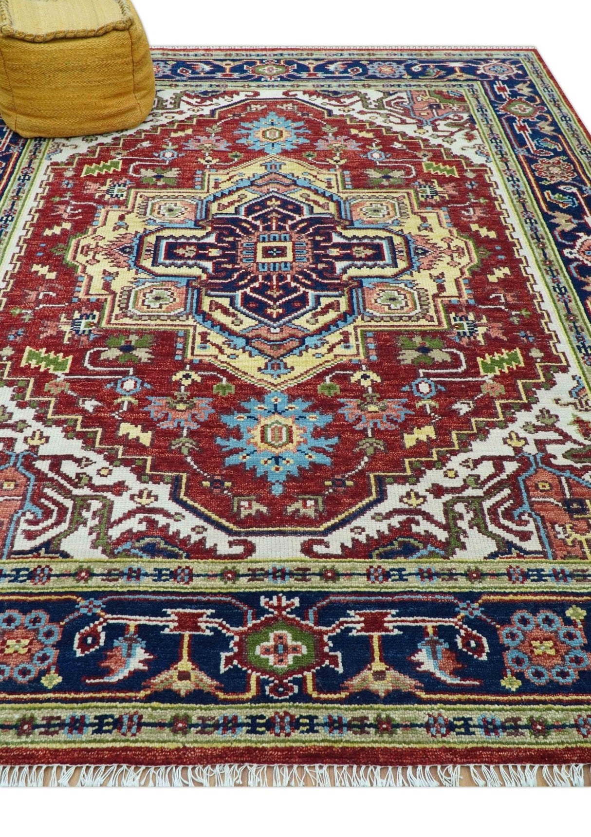 Custom Made Traditional Serapi Rust And Blue Hand Knotted wool area rug