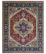 Custom Made Traditional Serapi Rust And Blue Hand Knotted wool area rug