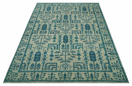 Custom Made Traditional Tree of Life Teal And Ivory Hand Knotted Wool Rug