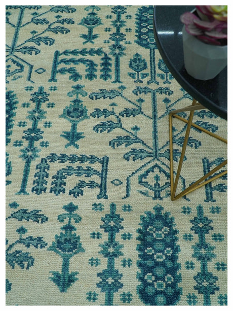 Custom Made Traditional Tree of Life Teal And Ivory Hand Knotted Wool Rug