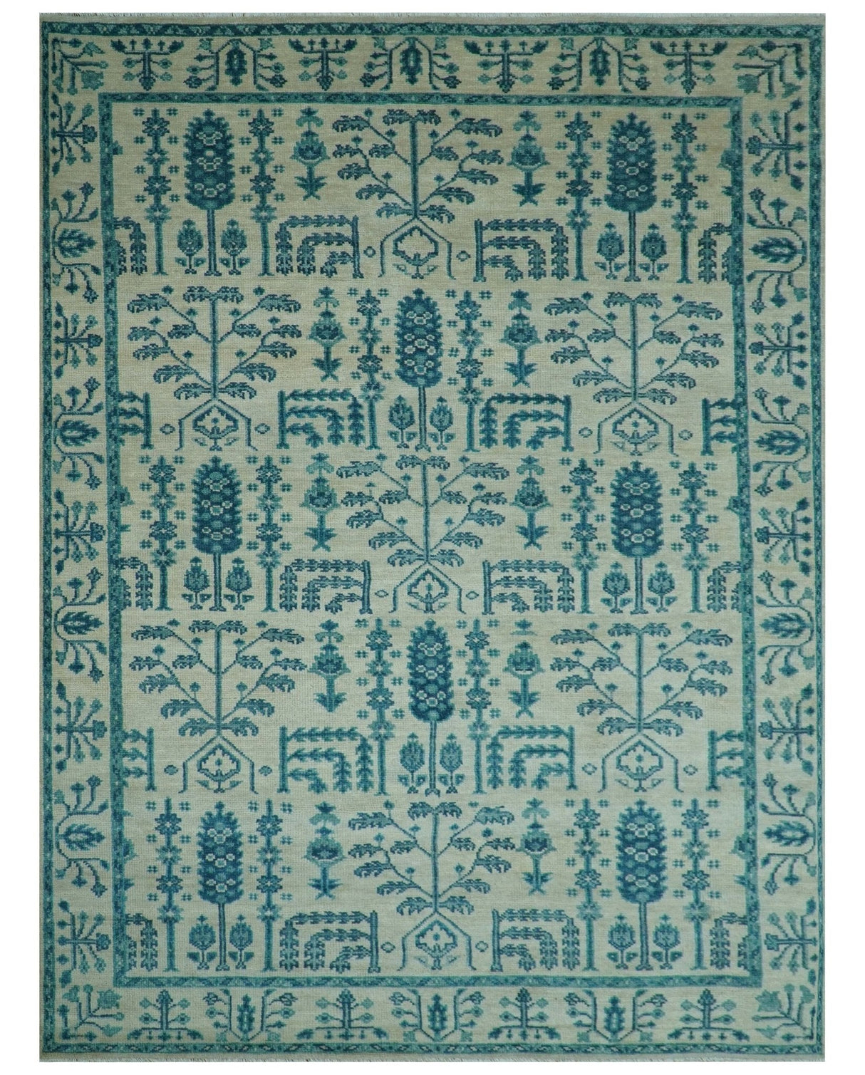 Custom Made Traditional Tree of Life Teal And Ivory Hand Knotted Wool Rug
