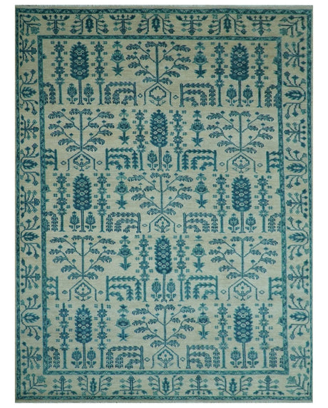 Custom Made Traditional Tree of Life Teal And Ivory Hand Knotted Wool Rug