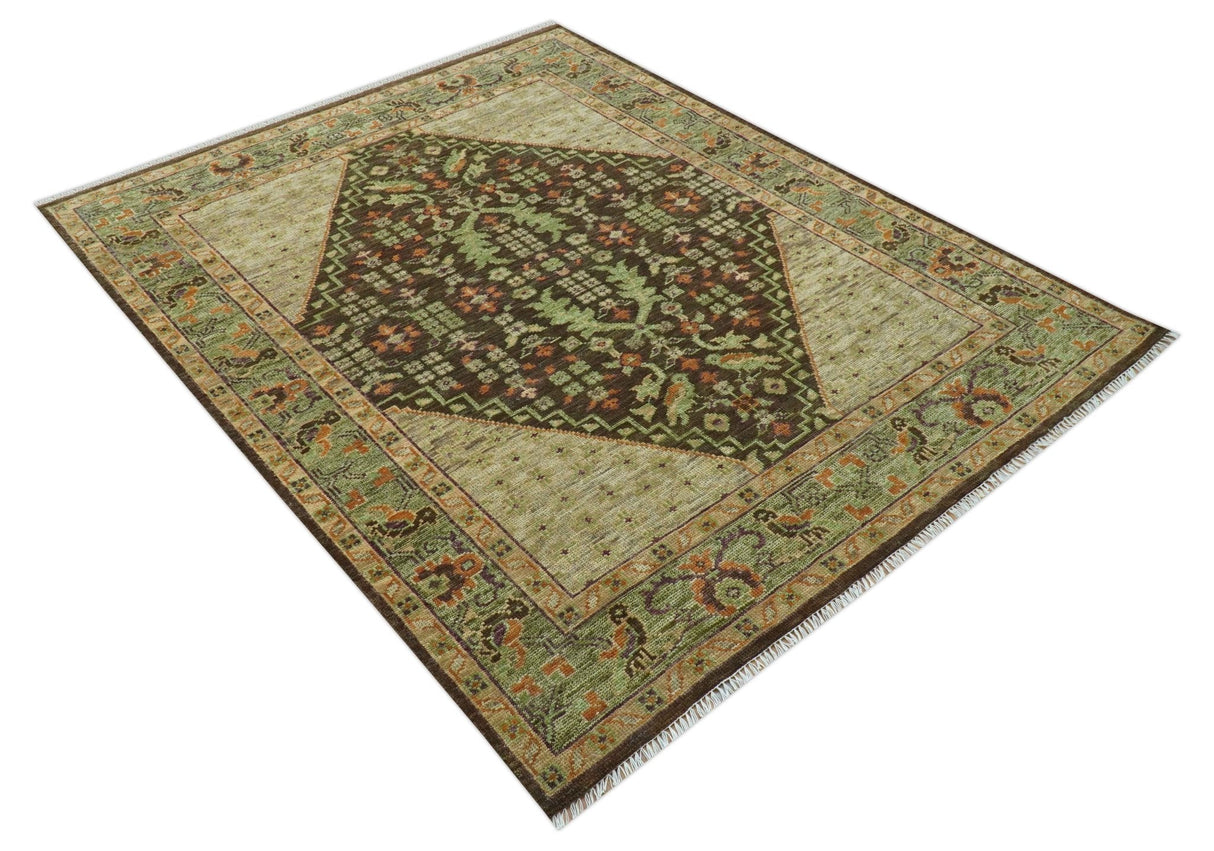 Custom Made Traditional Tribal Beige And Brown Hand Knotted wool area rug