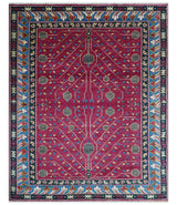 Custom Made Traditional Tribal Design Red And Blue Hand Knotted Wool Rug