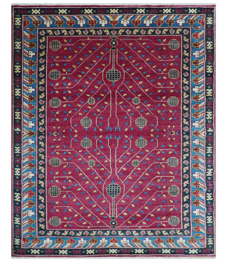 Custom Made Traditional Tribal Design Red And Blue Hand Knotted Wool Rug