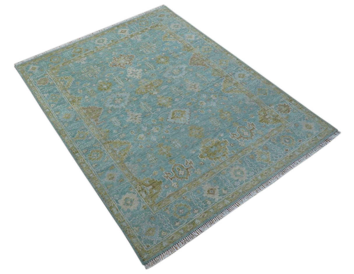 Custom Made Traditional Turkish Blue And Green Hand Knotted Wool Rug