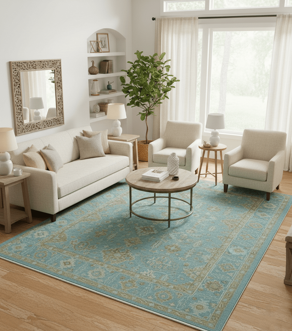 Custom Made Traditional Turkish Blue And Green Hand Knotted Wool Rug