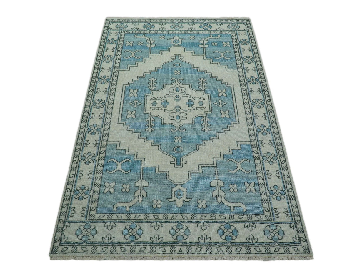 Custom Made Traditional Turkish Blue And Ivory Hand Knotted Wool Area Rug