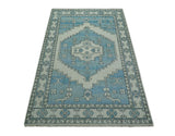 Custom Made Traditional Turkish Blue And Ivory Hand Knotted Wool Area Rug