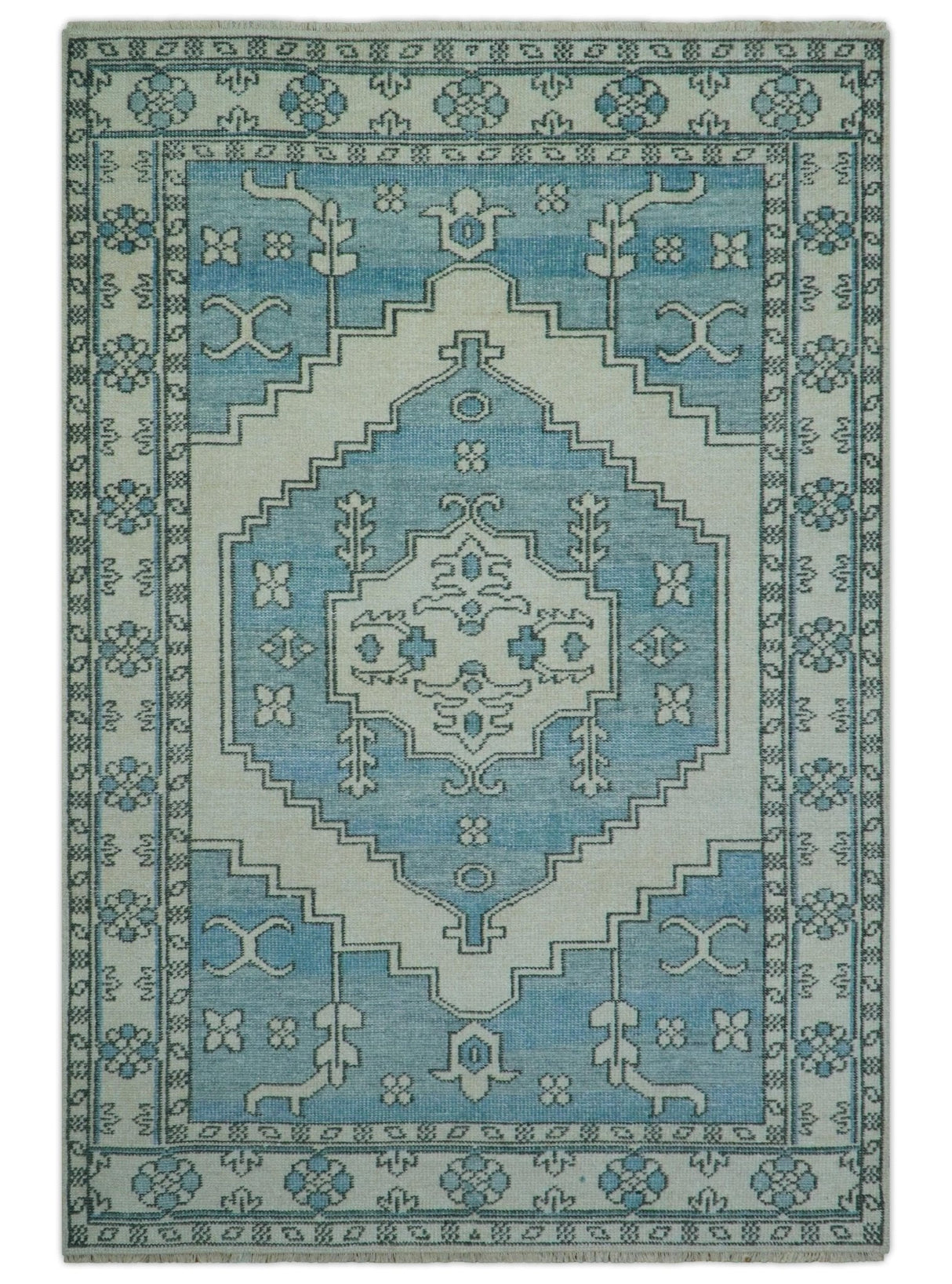 Custom Made Traditional Turkish Blue And Ivory Hand Knotted Wool Area Rug