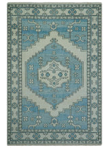 Custom Made Traditional Turkish Blue And Ivory Hand Knotted Wool Area Rug
