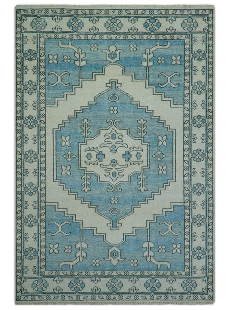 Custom Made Traditional Turkish Blue And Ivory Hand Knotted Wool Area Rug