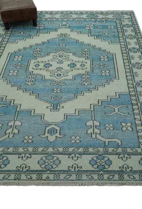 Custom Made Traditional Turkish Blue And Ivory Hand Knotted Wool Area Rug