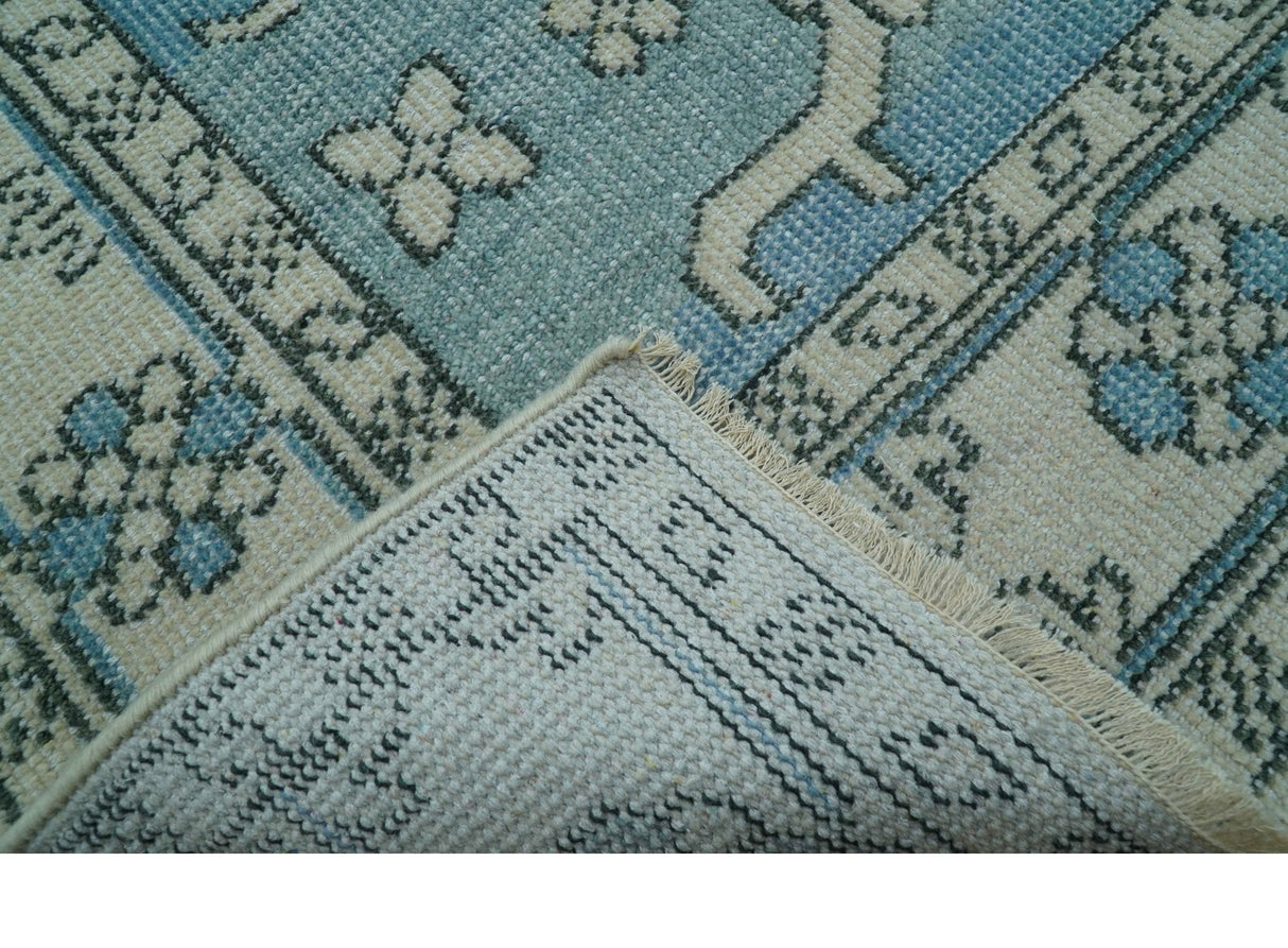 Custom Made Traditional Turkish Blue And Ivory Hand Knotted Wool Area Rug