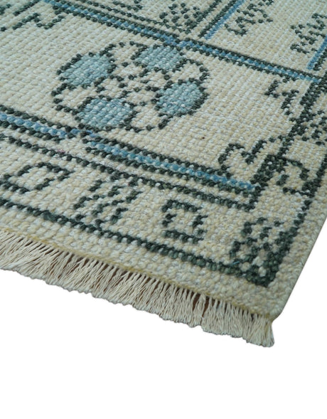 Custom Made Traditional Turkish Blue And Ivory Hand Knotted Wool Area Rug
