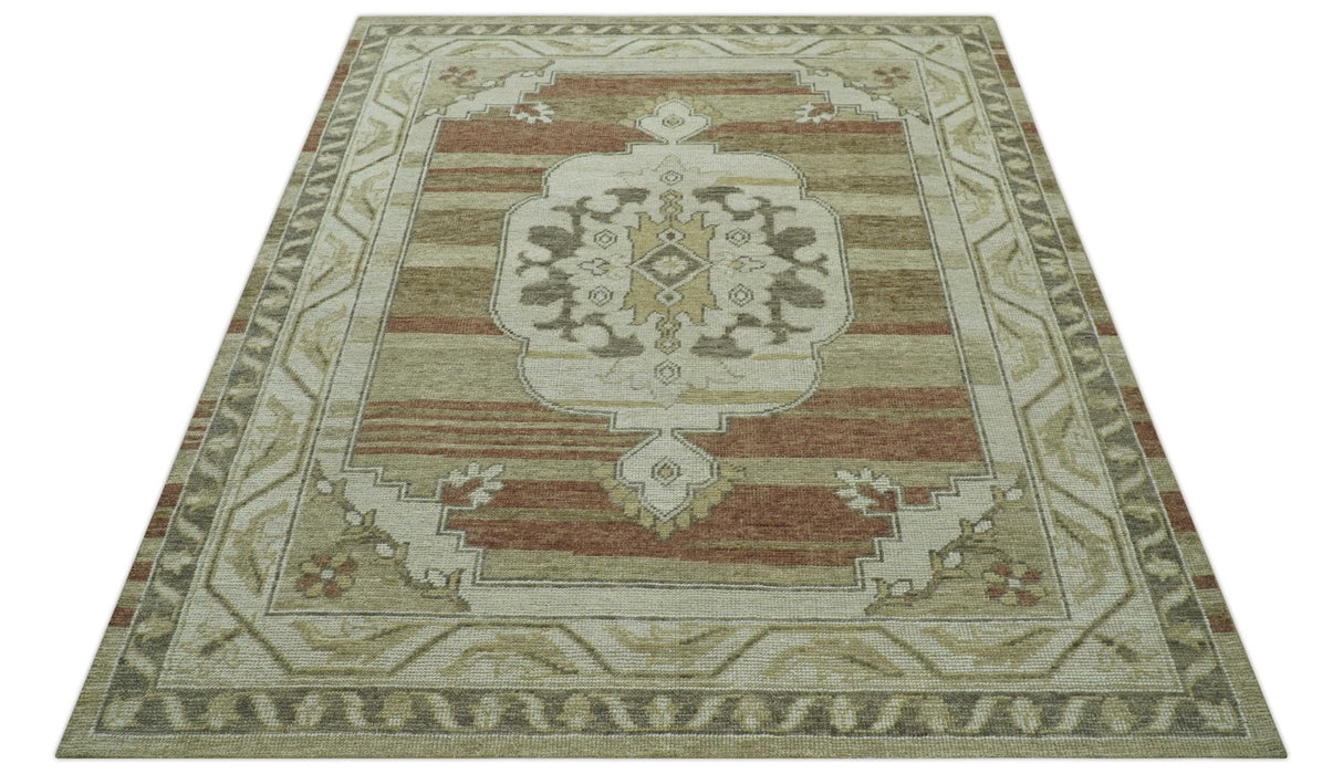 Custom Made Traditional Turkish Design Beige And Rust Hand knotted Wool Area Rug