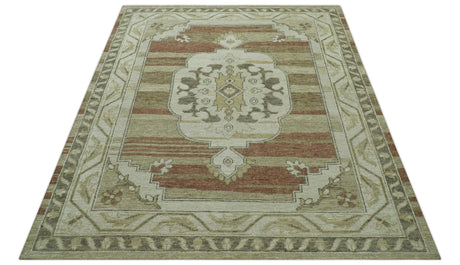 Custom Made Traditional Turkish Design Beige And Rust Hand knotted Wool Area Rug