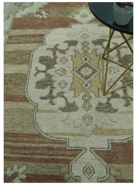 Custom Made Traditional Turkish Design Beige And Rust Hand knotted Wool Area Rug