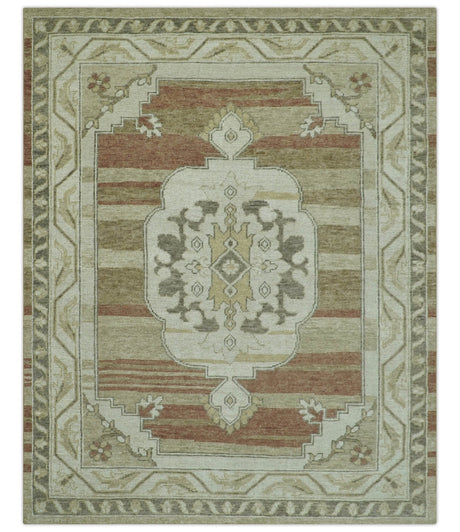 Custom Made Traditional Turkish Design Beige And Rust Hand knotted Wool Area Rug