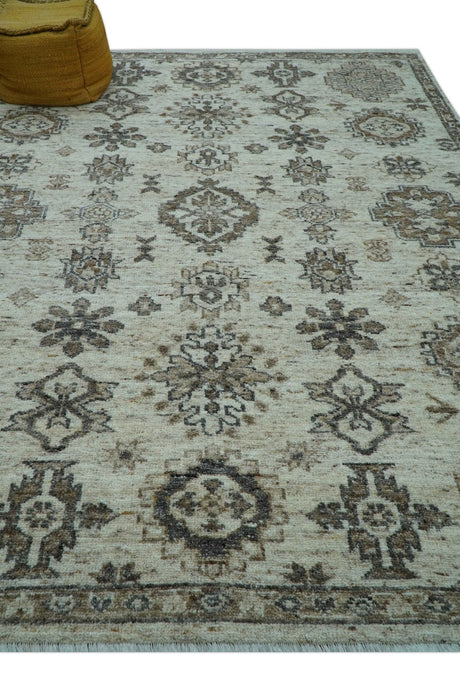 Custom Made Traditional Turkish Design Beige Hand Knotted Natural Wool Area Rug