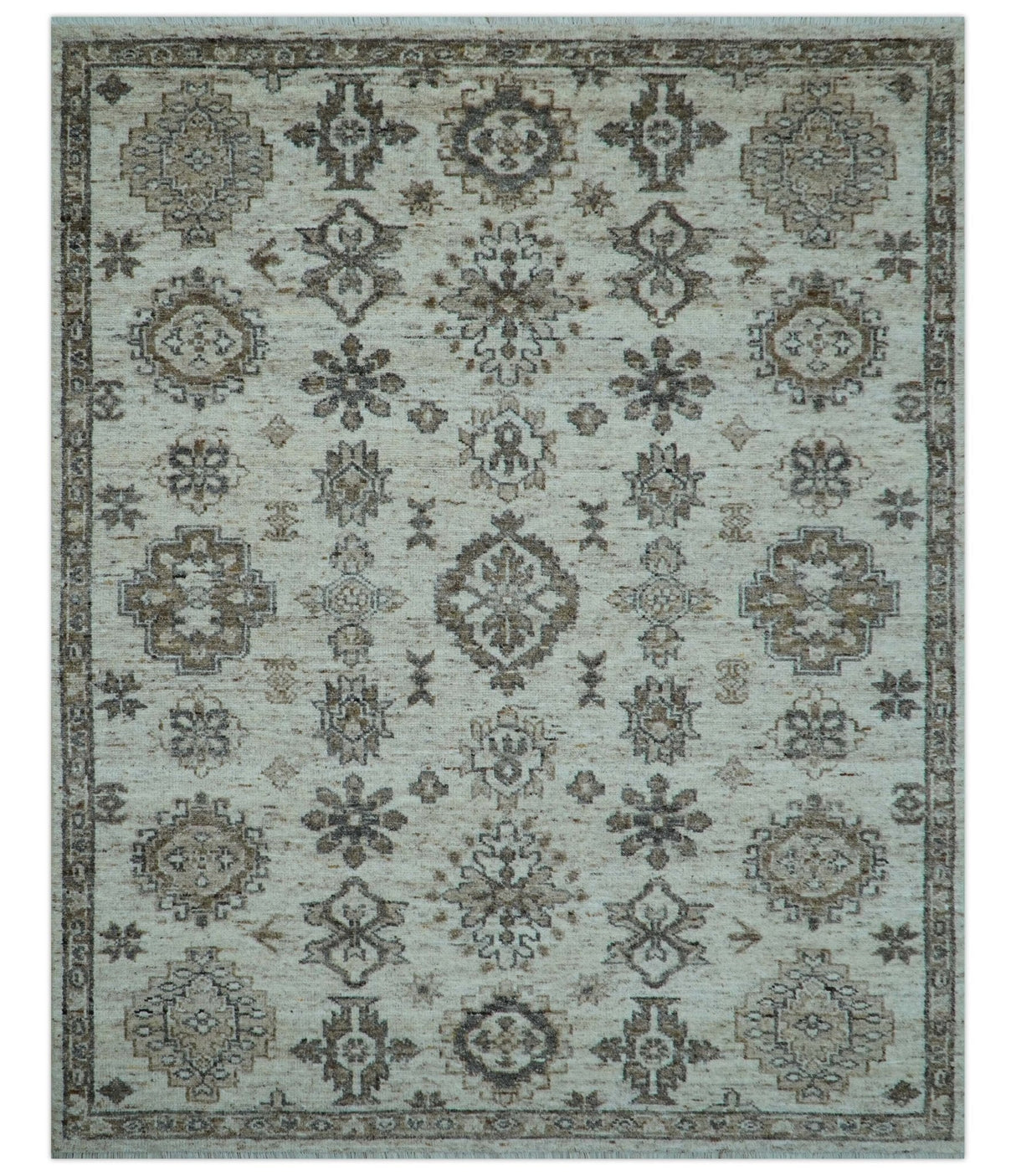 Custom Made Traditional Turkish Design Beige Hand Knotted Natural Wool Area Rug